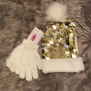 Girls white sequin hat and gloves